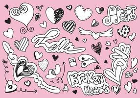 garabatos dibujados a mano para el día de san valentín. colección de hermosos corazones y escritos de amor sobre fondo rosa. ilustración vectorial vector