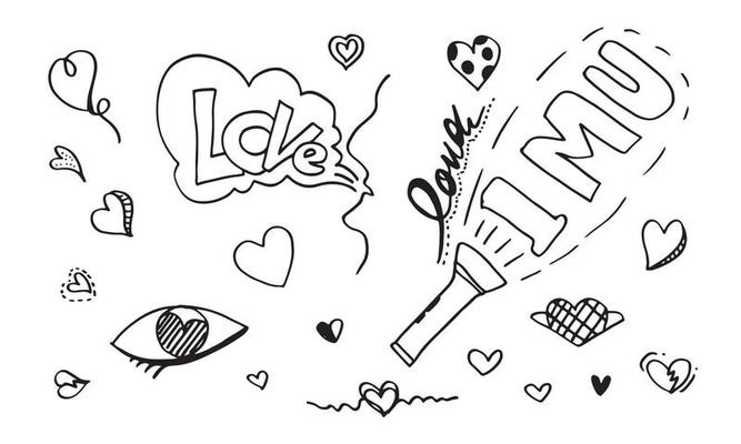 hand drawn doodles set for Valentine's Day. collection of beautiful hearts and writings Love. Vector illustration.