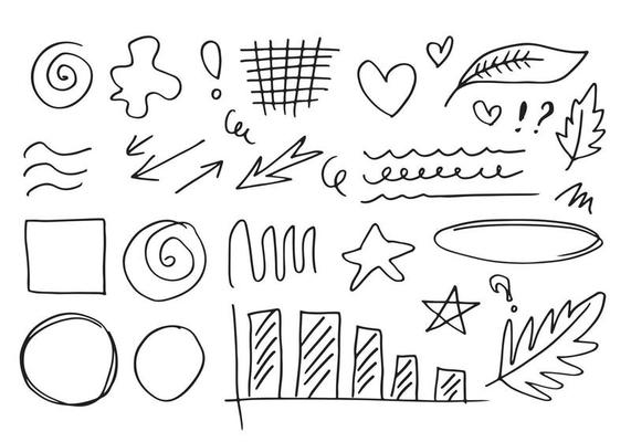 Doodle vector lines and curves.Hand drawn check and arrows signs. Set of simple doodle lines, curves, frames and spots. Collection of pencil effects. Doodle border. Simple doodle set.