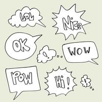 Hand drawn set of speech bubbles with handwritten short phrases  wow,lol,pow,nice,hi,ok on white background. vector