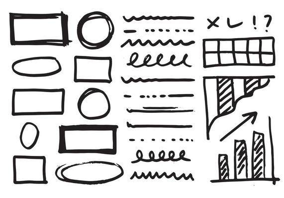 Doodle vector lines and curves.Hand drawn check and arrows signs. Set of simple doodle lines, curves, frames and spots. Collection of pencil effects. Doodle border. Simple doodle set.