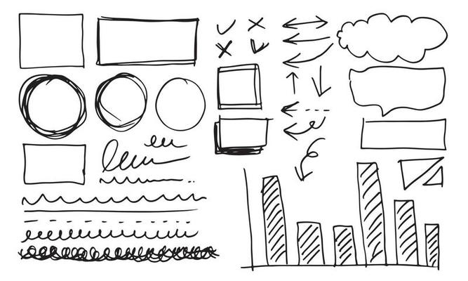 Doodle vector lines and curves.Hand drawn check and arrows signs. Set of simple doodle lines, curves, frames and spots. Collection of pencil effects. Doodle border. Simple doodle set.