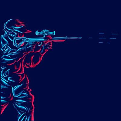 Army soldier play paintball line pop art potrait logo colorful design with dark background. Abstract vector illustration.