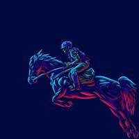 Man riding horse. Pop Art line portrait logo.  Colorful design with dark background. Abstract vector illustration. Isolated black background for t-shirt