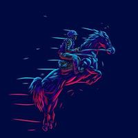 Man riding horse. Pop Art line portrait logo.  Colorful design with dark background. Abstract vector illustration. Isolated black background for t-shirt