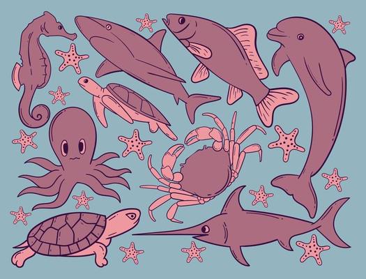 Elements hand drawn sea animal doodle for sticker etc
