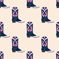 Various cowboy, cowgirl blue boots. Different pink ornaments. Wild West fashion style. Cowboy western theme, wild west concept.  Hand drawn trendy seamless Pattern. vector