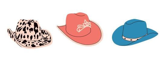 Set of cartoon cowgirl hats with cow print, diadem, crown. Fashion style of the Wild West. Cowboy western theme, wild west concept. Hand drawn color flat illustration vector
