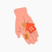 Male hand giving house keys. Keyholder. Home rental, buying property, real estate. Sharing apartment service. Home purchase deal sale, mortgage loan. Hand drawn flat cartoon illustration. vector