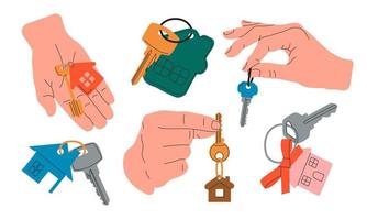 Male hand giving house keys. Key Keyholder. Home rental, buying property, real estate. Sharing apartment service. Home purchase deal sale, mortgage loan. Hand drawn flat cartoon illustration. vector