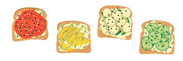 Tasty breakfast. Healthy food. Various toasts. Fresh fruits, vegetable, sliced tomatoes, cucumbers , avocado, radish, mango, chia, greenery, cream cheese. Cartoon isolated illustration.Top view vector