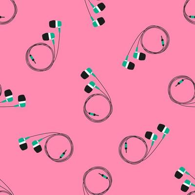 Headphones, Audio Equipment, Wired and Wireless Earphones for Music Listening. Earbuds Technology Accessory for Smartphone or Dj. Hand drawn pattern.