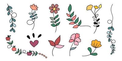 conjunto vectorial de elementos florales y de hojas diseñados en estilo doodle para decoraciones, tarjetas, impresiones digitales, patrones de papel, patrones de ropa, pegatinas, almohadas, decoraciones temáticas de primavera, etc. vector