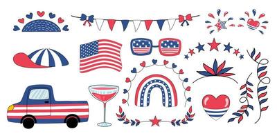 4th of July decorative elements designed in red, white, blue tones, doodle style for cards, scrapbook, t shirt designs, baby, kindergarten, bags, stickers and more. vector