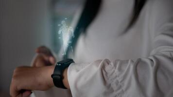 Close up fitness bracelet side view of woman pressing buttons on smart watch and looking at workout equipment app technology monitor active gadget jogger tech. Projecting visible AR screen concept. video