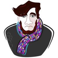 Vector isolated portrait of sad man with beard and bright scarf.