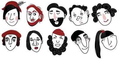 Vector collection of different faces in red and black color.