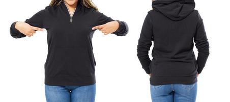 Front back and rear black sweatshirt view. Afro woman pointing and show on template clothes for print and copy space isolated on white background. Mockup. Cropped image photo