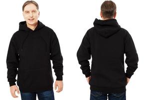 Man hoody set, black hoody front and back view, hood mock up. Empty male hoody copy space. Front and rear background photo