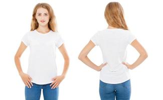 collage woman in summer tshirt isolated on white background, set girl in t-shirt,blank,copy space photo