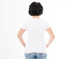 Back view - woman in white t-shirt isolated mock up, copy space, empty tshirt. Girl in t shirt. photo