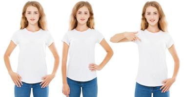 three variants woman in t-shirt isolated on white, women tshirt, girl white t shirt,copy space,blank photo