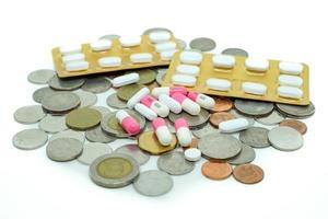 Healthcare and economy concept. The medicines on baht coins. photo