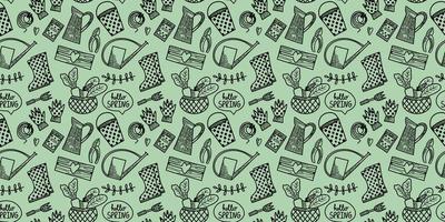 Vector seamless pattern. Spring summer gardening collection in doodle hand drawn style. Surface design. Equipment for Growing plants watering can, boots, seeds, gloves, vegetables, seedlings.