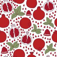 Many scattered pomegranetes, leaves and seeds. Vector seamless pattern for cards, prints, banners and fabrics. Fruits background. Backdrop for food shops social media. Eco juicy repetitive tile.