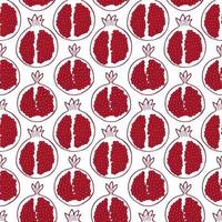 Many scattered pomegranetes, leaves and seeds. Vector seamless pattern for cards, prints, banners and fabrics. Fruits background. Backdrop for food shops social media. Eco juicy repetitive tile.