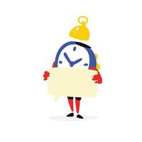 Cartoon character is an alarm clock. Vector. Time is running out. Clock with a sign. Time waits. Image is isolated on white background. Flat illustration for sign, print and website. Timing. vector