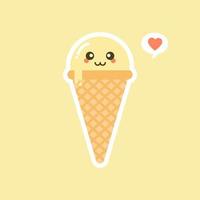 Melting ice cream balls in the waffle cone isolated on color background. Vector flat icon. Comic character in cartoon style illustration