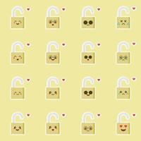 cute and kawaii padlock flat design vector illustration. Funny padlock character with smiling human emoji, cartoon vector illustration isolated on color background. Cute and funny mascots