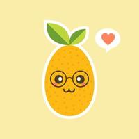 diseño de personajes de dibujos animados. kumquat ovalado con hoja verde. Ilustración de vector plano de fruta linda y kawaii aislada sobre fondo de color