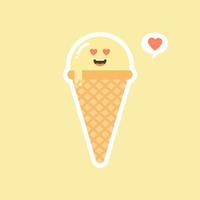 Melting ice cream balls in the waffle cone isolated on color background. Vector flat icon. Comic character in cartoon style illustration