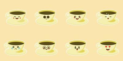 hermosos personajes de tazas de colores en diseños planos con lindas caras de dibujos animados. café y té calientes. conjunto de emoticonos de taza de café. colección con diferentes expresiones. diseño plano.avatares, tarjetas, pegatina