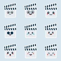 Set of Cute Clapperboard Icons In Different Expressions. Flat design. Avatars, cards,stickers, sites, calendars. Vector illustration