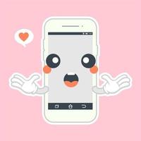 lindo y kawaii smartphone diseño plano, personaje de dibujos animados de teléfono móvil. icono de ilustración de personaje kawaii de dibujos animados de línea plana vectorial. teléfono de llamada, teléfono inteligente con concepto de aplicación de cara de personaje vector