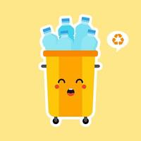 kawaii and cute Recycle Bin Cartoon Mascot Character Full With plastic Garbage . Vector Illustration Isolated On color Background. Reuse recycling and keep clean concept