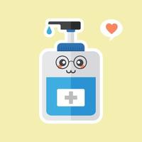 linda y kawaii botella de desinfección o desinfectante, gel de lavado. ilustración vectorial adecuada para higiene, desinfección, medicina, vida limpia, antivirus, bacterias, atención médica, propagación de enfermedades, gérmenes vector