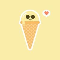 Melting ice cream balls in the waffle cone isolated on color background. Vector flat icon. Comic character in cartoon style illustration