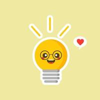 bulb flat design vector illustration. Shining yellow light bulbon color background. Emoji lightbulb with funny emotion. Hand-drawn vector illustration. Creative concept of idea