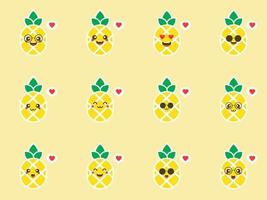 Set of pineapples character. Summer collection of sunglasses on smiling pineapple characters. Cute cartoon vector illustration. Design element for summer season cards, t-shirts, labels and tags