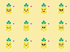 Set of pineapples character. Summer collection of sunglasses on smiling pineapple characters. Cute cartoon vector illustration. Design element for summer season cards, t-shirts, labels and tags