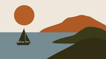 diseño de paisaje minimalista, postal de paisaje plano, diseño escandinavo nórdico, juego de afiches montañas lago puesta de sol vector