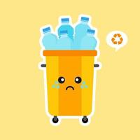 kawaii and cute Recycle Bin Cartoon Mascot Character Full With plastic Garbage . Vector Illustration Isolated On color Background. Reuse recycling and keep clean concept