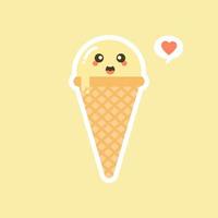 Melting ice cream balls in the waffle cone isolated on color background. Vector flat icon. Comic character in cartoon style illustration