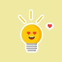 bulb flat design vector illustration. Shining yellow light bulbon color background. Emoji lightbulb with funny emotion. Hand-drawn vector illustration. Creative concept of idea