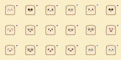 Cute cartoon slices of bread with kawaii faces. White and brown rye toast. Simple character flat vector style illustration.