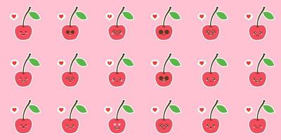 Cherry characters. Set Kawaii cherry vector isolated on color background for animation. Happy, smiling and leaping characters. Cartoon style